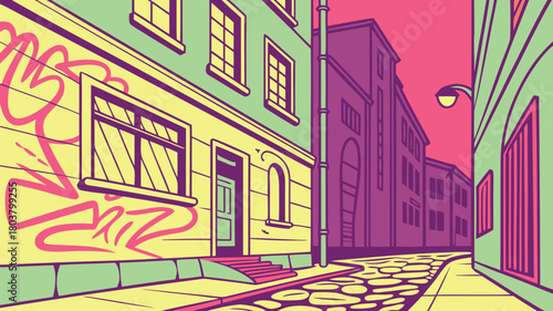 Vibrant cartoon alleyway with graffiti and colorful buildings at dusk