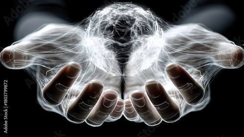 Pair of hands holding glowing, ethereal energy sphere, symbolizing power and creativity. dark background enhances luminous effect, creating mystical atmosphere