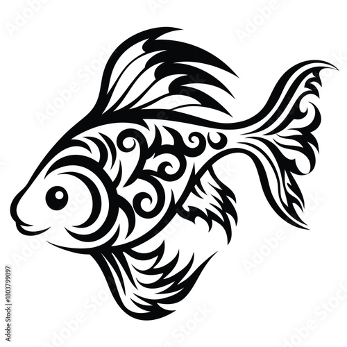 Ornate black and white illustration showcases a stylized goldfish with tribal tattoo patterns