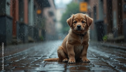Fototapeta Naklejka Na Ścianę i Meble -  Sad, wet stray puppy sits alone on a cobblestone street in the rain. Abandoned dog looks hungry and lost, seeking shelter. Needs rescue and adoption.