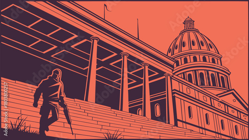 Lone figure ascends grand steps towards a domed building under dramatic orange sky