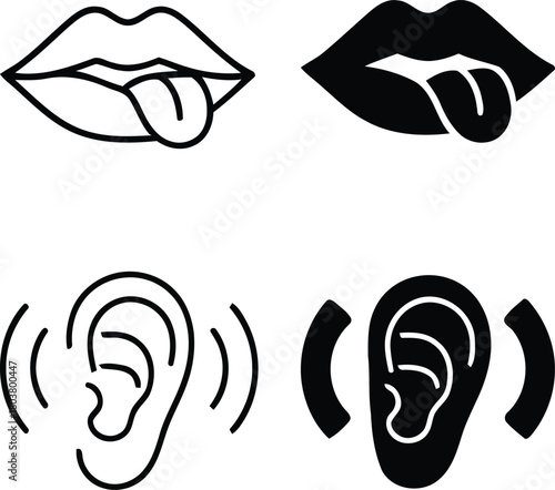 Set of icons representing senses of taste and hearing in outline and filled styles