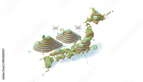 Isometric Map of Japan with Terraced Fields and Drone View