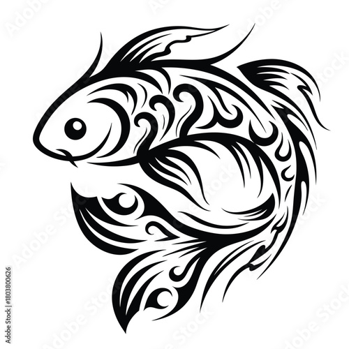 Ornate black fish shape displays elaborate swirling lines and intricate tribal patterns