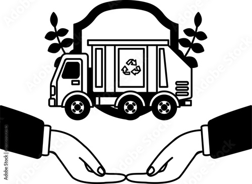black and white illustration of two hands holding a garbage truck