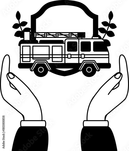 black and white illustration of two hands holding a fire truck