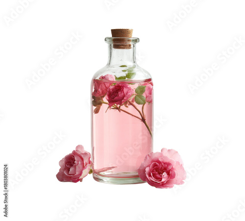 rose water in glass bottle with roses on white background.
