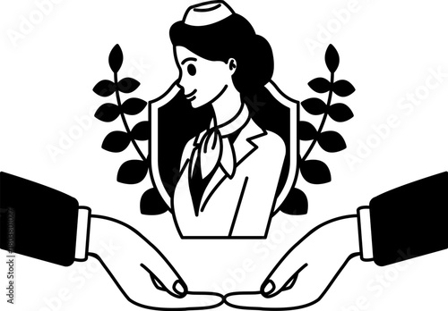 black and white illustration of two hands holding an air hostess