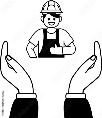 black and white illustration of two hand holding a handyman giving a thumbs up
