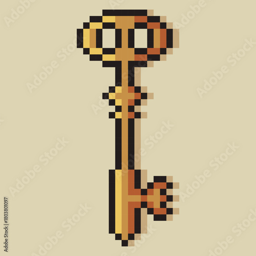 A classic retro pixel art of ornate golden key icon. Ideal for video game quest items, security app icons, or as a logo representing opportunity and success