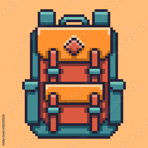 Rugged hiking backpack designed in a retro pixel art style. This 8-bit rucksack illustration features a classic outdoor design with sturdy straps, buckles in an orange and teal color palette