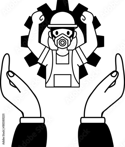 black and white illustration of two hand holding a Labor in front of gear