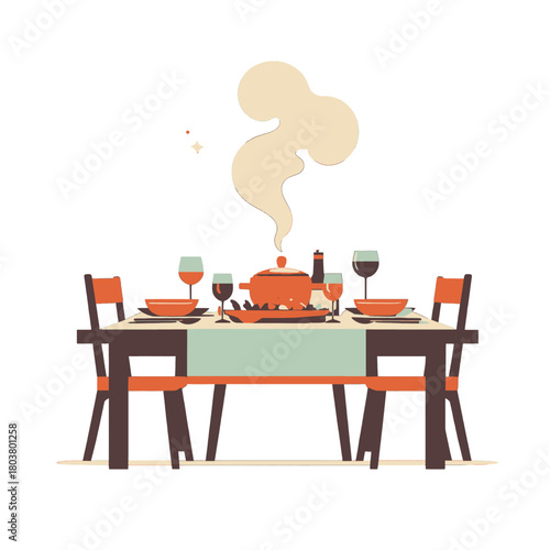 A Festive Dining Table Set for a Meal with Steaming Food and Wine Glasses Under Warm Lighting