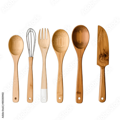 Set Of Six Assorted Wooden Kitchen Utensils Including Spoons Whisk And Knife Against A White Background