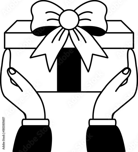 black and white illustration of two hands holding a gift