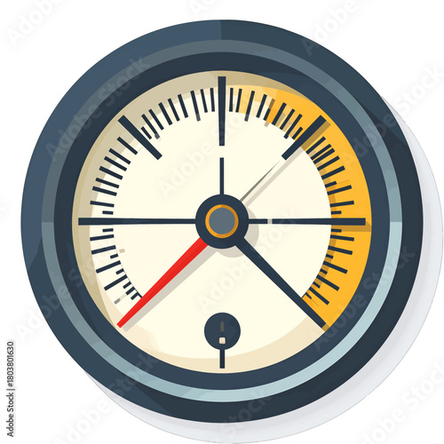 Circular Dial Gauge With White Face Black Markings Yellow Indicator And Red Needle With Long Shadow In Flat Design Style
