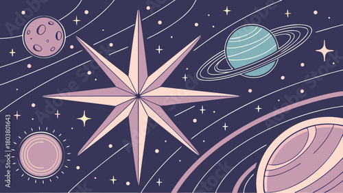 Whimsical star and planets in a cosmic nebula background