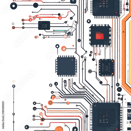 Detailed Close Up Of A Computer Circuit Board With Microchips And Colorful Wires On A White Background Featuring Intricate Technology Patterns
