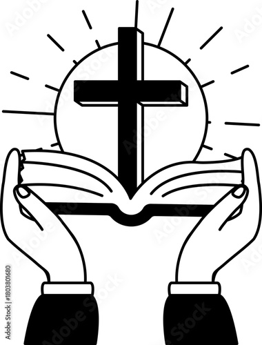 black and white illustration of A pair of hands holding a bible