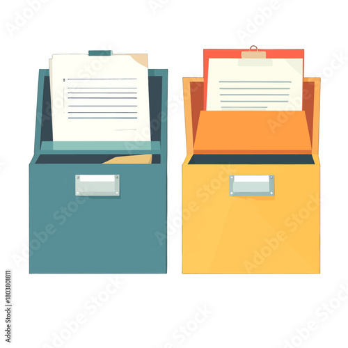 Two colorful filing cabinets one teal and one orange with documents inside in a clean white background illustration