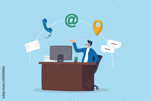 Business contact client support, website or email, chat message or address, map location pin or client support, help assistance concept, client support with contact us channel phone, email.