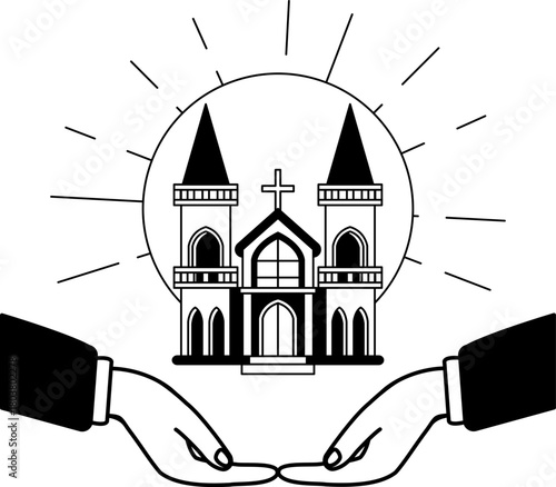 black and white illustration of two hand holding a church icon