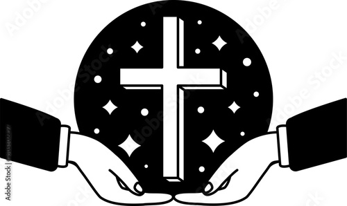 black and white illustration of two hand holding a cross