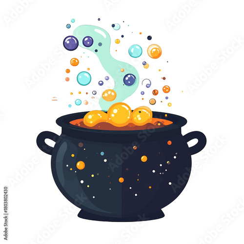 Pixel Art Cauldron Bubbling With Colorful Potion And Magical Smoke On White Background