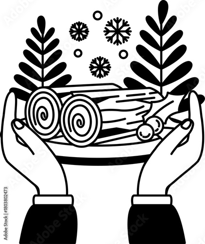 black and white illustration of two hand holding a Log cake