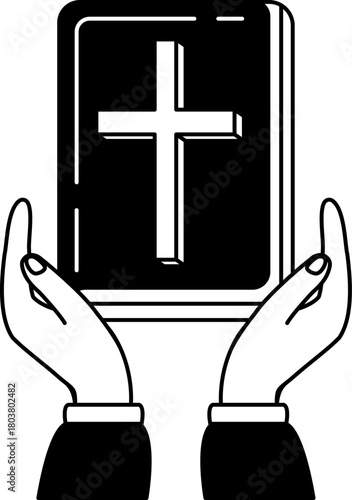 black and white illustration of two hand holding a bible book