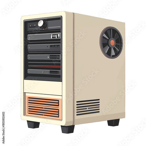 Retro beige computer tower with black fan and orange accents sits on a white background featuring multiple drive bays and ventilation grills in a pixel art style