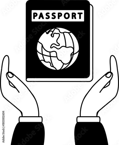 black and white illustration of two hand are holding a passport