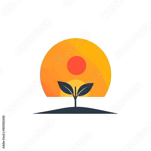 Stylized illustration of a small green plant seedling growing towards a vibrant orange and yellow gradient sun with a red center on a dark landscape silhouette