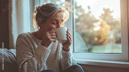Peaceful woman with gray hair enjoying a warm beverage in a cozy sweater by a sunlit window, embracing a serene morning or evening moment at home.