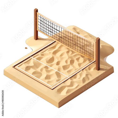 Isometric Beach Volleyball Court with Net on Golden Sand and Marked Boundaries Ideal for Outdoor Sports Recreation