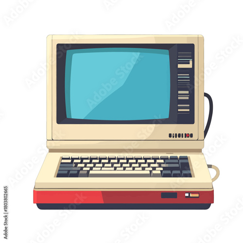 Retro beige personal computer with a blue screen and beige keyboard on a red base isolated on white background