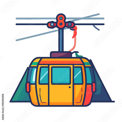 Bright Yellow Cable Car Ascends Against Green Mountain Peaks Under Blue Sky Wire Transportation Adventure