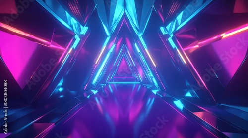 Fototapeta Naklejka Na Ścianę i Meble -  Abstract neon triangle tunnel with glowing reflections