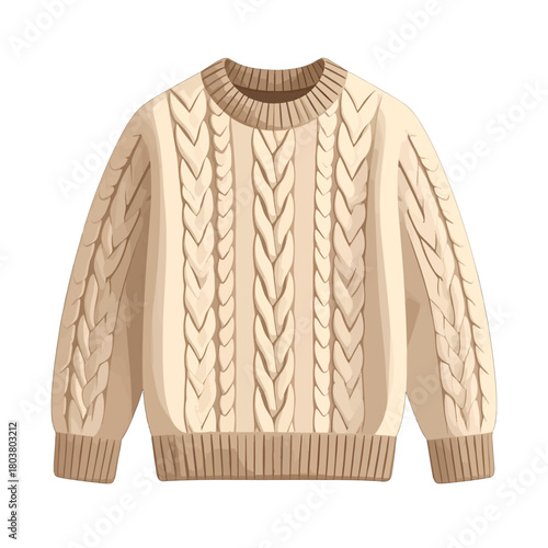 Cream Colored Cable Knit Sweater With Ribbed Cuffs And Neckline On A White Background