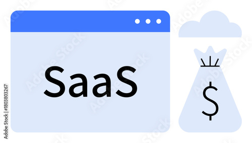 SaaS displayed on a browser window with a money bag symbol and cloud icon emphasizing financial growth, cloud computing, and digital solutions. Ideal for finance, tech, startups, e-commerce