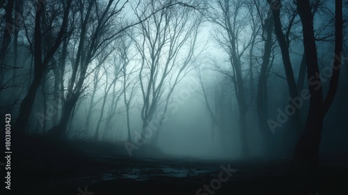 Dense fog envelops a dark forest in the early morning, creating an eerie, mysterious atmosphere among the leafless trees