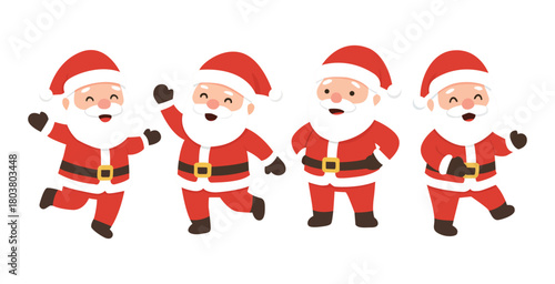 Cute cartoon Santa Claus characters posing, jumping, and celebrating Christmas merrily.