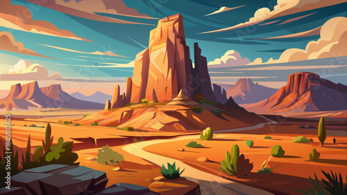 Very beautiful view of Church Rock rising dramatically from the desert landscape near Gallup, New Mexico, captured with a shallow depth of field that softly blurs the surrounding terrain for a cinemat