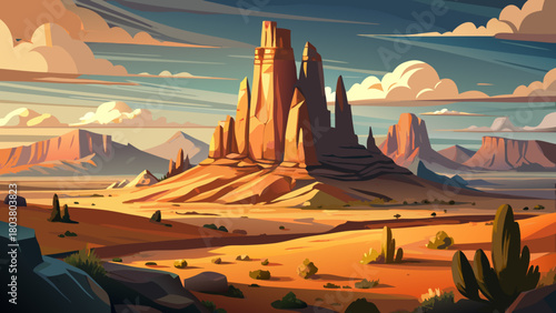 Very beautiful view of Church Rock rising dramatically from the desert landscape near Gallup, New Mexico, captured with a shallow depth of field that softly blurs the surrounding terrain for a cinemat