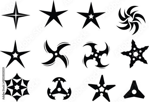Collection of diverse black star shapes and abstract symbols on a white background