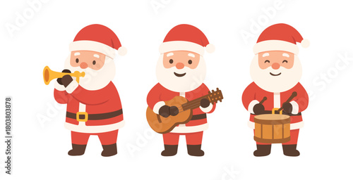 Three cheerful Santa Claus characters play Christmas musical instruments merrily.