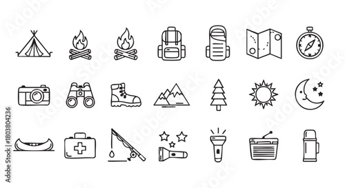 Outdoor adventure icons vector set for camping hiking and travel activities