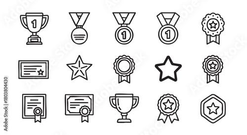 Outline illustration of awards and achievements with trophy medal and certificates