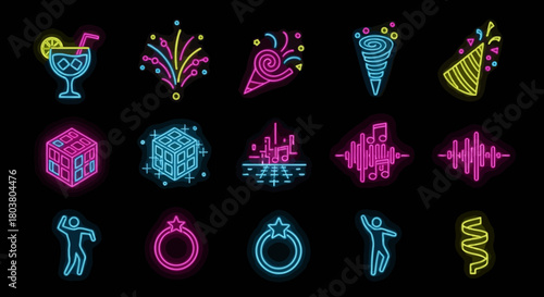 A vibrant collection of neon icons for parties, celebrations, and nightlife on a black background.