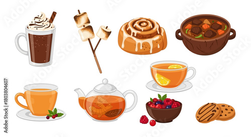 Collection of cozy autumn and winter food and drink illustrations.